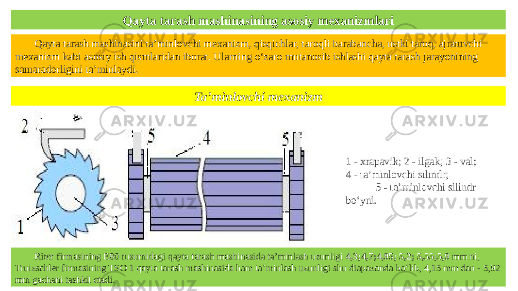 Qayta tarash mashinasini ta’minlovchi mexanizm, qisqichlar, taroqli barabancha, ustki taroq, ajratuvchi mexanizm kabi asosiy ish qismlaridan iborat. Ularning o‘zaro mutanosib ishlashi qayta tarash jarayonining samaradorligini ta’minlaydi. Qayta tarash mashinasining asosiy mexanizmlari Ta’minlovchi mexanizm 1 - xrapavik; 2 - ilgak; 3 - val; 4 - ta’minlovchi silindr; 5 - ta’minlovchi silindr bo‘yni. Riter firmasining E80 rusumidagi qayta tarash mashinasida ta’minlash uzunligi 4,3;4,7;4,95; 5,2; 5,55;5,9 mm ni, Trutzschler firmasining TSO 1 qayta tarash mashinasida ham ta’minlash uzunligi shu diapazonda bo‘lib, 4,15 mm dan - 5,92 mm gachani tashkil etadi. 