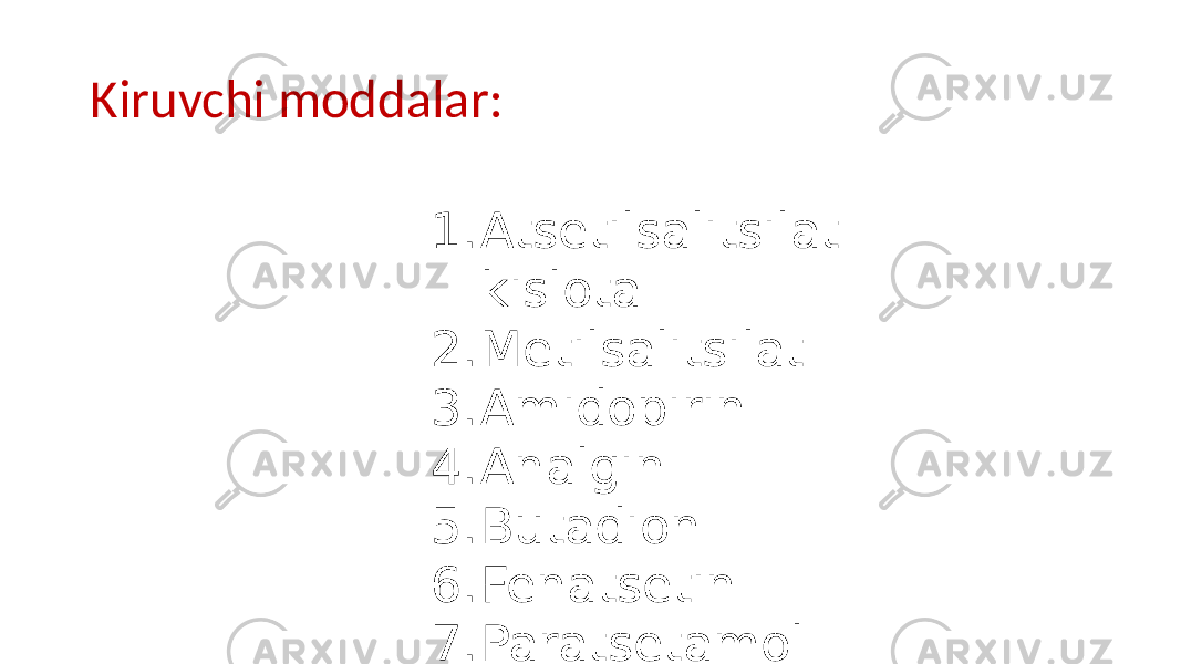 Kiruvchi moddalar: 1. Atsetilsalitsilat kislota 2. Metilsalitsilat 3. Amidopirin 4. Analgin 5. Butadion 6. Fenatsetin 7. Paratsetamol 