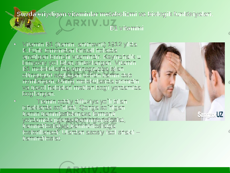 Suvda eriydigan vitaminlar metabolizmi va biologik funktsiyalari. B1 vitamini • Vitamin В1 (tiamin, ant in evrit) 1912 yilda K .Funk tomo ni dan krista ll holatda ajratilgan birinchi vitamindir. Keyinchalik u kimyoviy yo&#39;l bilan sintezlangan. Vitamin B 1 molekulasida aminogruppa bilan oltingugurt saqlagani uchun tiamin deb nom l angan. Uning molekulasida pirimidin va tiazol h alqalari meti l en bog&#39;i yordamida bog&#39;langan. • Tiamin oddiy diffuziya yo`li bilan ichaklarda so`riladi. Qonga so`rilgan tiamin tiaminfosfokinaza fermenti yordamida jigarda tiaminmonofosfat, tiamindifosfat va tiamintrifosfatga fosforillanadi. Ulardan asosiy faol shakli – tiamindifosfat. 