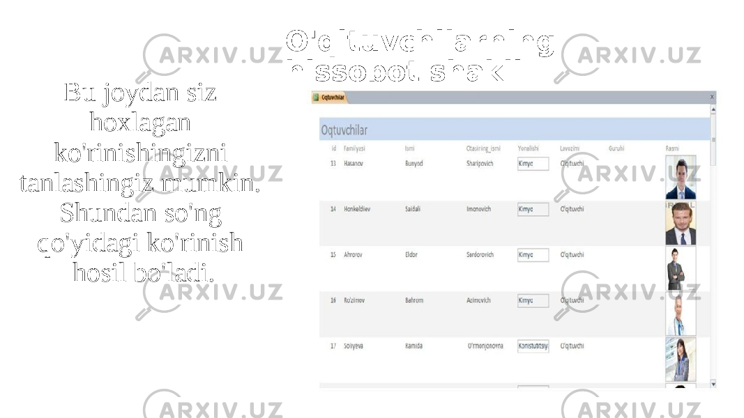 O&#39;qituvchilarning hissobot shakli . Bu joydan siz hoxlagan ko&#39;rinishingizni tanlashingiz mumkin. Shundan so&#39;ng qo&#39;yidagi ko&#39;rinish hosil bo&#39;ladi. 