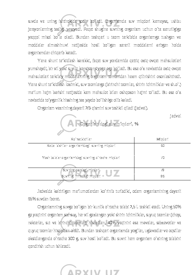 suvda va uning ishtirokida sodir bo`ladi. Organizmda suv miqdori kamaysa, ushbu jarayonlarning tezligi pasayadi. Faqat shugina suvning organizm uchun o`ta zarurligiga yaqqol misol bo`la oladi. Bundan tashqari u taom tarkibida organizmga tushgan va moddalar almashinuvi natijasida hosil bo`lgan zararli moddalarni eritgan holda organizmdan chiqarib ketadi. Yana shuni ta’kidlash kerakki, faqat suv yordamida qattiq oziq-ovqat mahsulotlari yumshaydi, bir xil yoki suyuq konsistensiyaga ega bo`ladi. Bu esa o`z navbatida oziq-ovqat mahsulotlari tarkibiy moddalarining organizm tomonidan hazm qilinishini osonlashtiradi. Yana shuni ta’kidlash lozimki, suv taomlarga (birinchi taomlar, shirin ichimliklar va sh.o`.) ma’lum hajm berishi natijasida kam mahsulot bilan oshqozon hajmi to`ladi. Bu esa o`z navbatida to`yganlik hissining tez paydo bo`lishiga olib keladi. Organizm vaznining deyarli 2/3 qismini suv tashkil qiladi (jadval). jadval Organizmdagi suv miqdori, % Ko`rsatkichlar Miqdori Katta kishilar organizmidagi suvning miqdori 60 Yosh bolalar organizmidagi suvning o`rtacha miqdori 70 Suvning qondagi miqdori 79 Suvning limfadagi miqdori 96 Jadvalda keltirilgan ma’lumotlardan ko`rinib turibdiki, odam organizmining deyarli 65% suvdan iborat. Organizmning suvga bo`lgan bir kunlik o`rtacha talabi 2,5 l. tashkil etadi. Uning 50% ga yaqinini organizm sof suv, har xil gazlangan yoki shirin ichimliklar, suyuq taomlar (choy, nektarlar, sut va birinchi taomlar) hisobidan, 40% yaqinini esa mevalar, sabzavotlar va quyuq taomlar hisobidan oladi. Bundan tashqari organizmda yog`lar, uglevodlar va oqsillar oksidlanganda o`rtacha 300 g. suv hosil bo`ladi. Bu suvni ham organizm o`zining talabini qondirish uchun ishlatadi. 