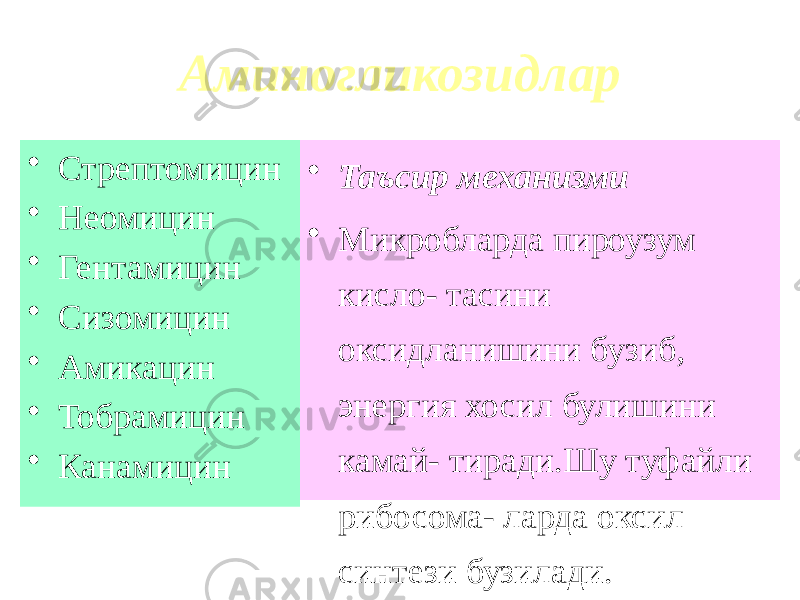 Аминогликозидлар • Стрептомицин • Неомицин • Гентамицин • Сизомицин • Амикацин • Тобрамицин • Канамицин • Таъсир механизми • Микробларда пироузум кисло- тасини оксидланишини бузиб, энергия хосил булишини камай- тиради.Шу туфайли рибосома- ларда оксил синтези бузилади. 