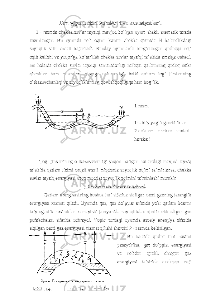 Energiya turlari xarakteri va xususiyatlari. 1 - rasmda chekka suvlar tayziqi mavjud bo`lgan uyum shakli sxematik tarzda tasvirlangan. Bu uyumda neft oqimi kontur chekka qismida H balandlikdagi suyuqlik sathi orqali bajariladi. Bunday uyumlarda burg’ulangan quduqqa neft oqib kelishi va yuqoriga ko`tarilish chekka suvlar tayziqi ta`sirida amalga oshadi. Bu holatda chekka suvlar tayziqi samaradorligi nafaqat qatlamning quduq ustki qismidan ham balandroq qismga chiqqanligi, balki qatlam tog’ jinslarining o`tkazuvchanligi va suyuqliklarning qovushqoqligiga ham bog’lik. 1-rasm. 1-tabiiy yog’ingarchiliklar 2-qatalam chekka suvlari harakati Tog’ jinslarining o`tkazuvchanligi yuqori bo`lgan hollaridagi mavjud tayziq ta`sirida qatlam tizimi orqali etarli miqdorda suyuqlik oqimi ta`minlansa, chekka suvlar tayziq energiyasi uzoq muddat suyuqlik oqimini ta`minlashi mumkin. Siqilgan ozod gaz energiyasi . Qatlam energiyasining boshqa turi sifatida siqilgan ozod gazning taranglik energiyasi xizmat qiladi. Uyumda gaz, gaz do`ppisi sifatida yoki qatlam bosimi to`yinganlik bosimidan kamayishi jarayonida suyuqlikdan ajralib chiqadigan gaz pufakchalari sifatida uchraydi. Yopiq turdagi uyumda asosiy energiya sifatida siqilgan ozod gaz energiyasi xizmat qilishi sharoiti 2 - rasmda keltirilgan. Bu holatda quduq tubi bosimi pasaytirilsa, gaz do`ppisi energiyasi va neftdan ajralib chiqqan gaz energiyasi ta`sirida quduqqa neft 