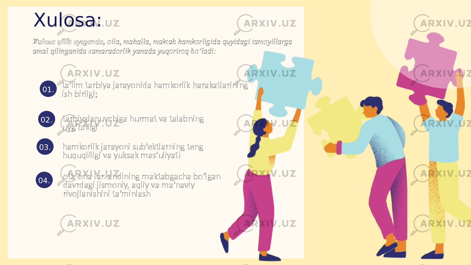 Xulosa: ta’lim tarbiya jarayonida hamkorlik harakatlarining ish birligi; 01. tarbiyalanuvchiga hurmat va talabning uyg‘unligi02. ota-ona farzandining maktabgacha bo‘lgan davrdagi jismoniy, aqliy va ma’naviy rivojlanishini ta’minlash03.Xulosa qilib aytganda, oila, mahalla, maktab hamkorligida quyidagi tamoyillarga amal qilinganida samaradorlik yanada yuqoriroq bo‘ladi: 04. hamkorlik jarayoni sub’ektlarning teng huquqliligi va yuksak mas’uliyati 