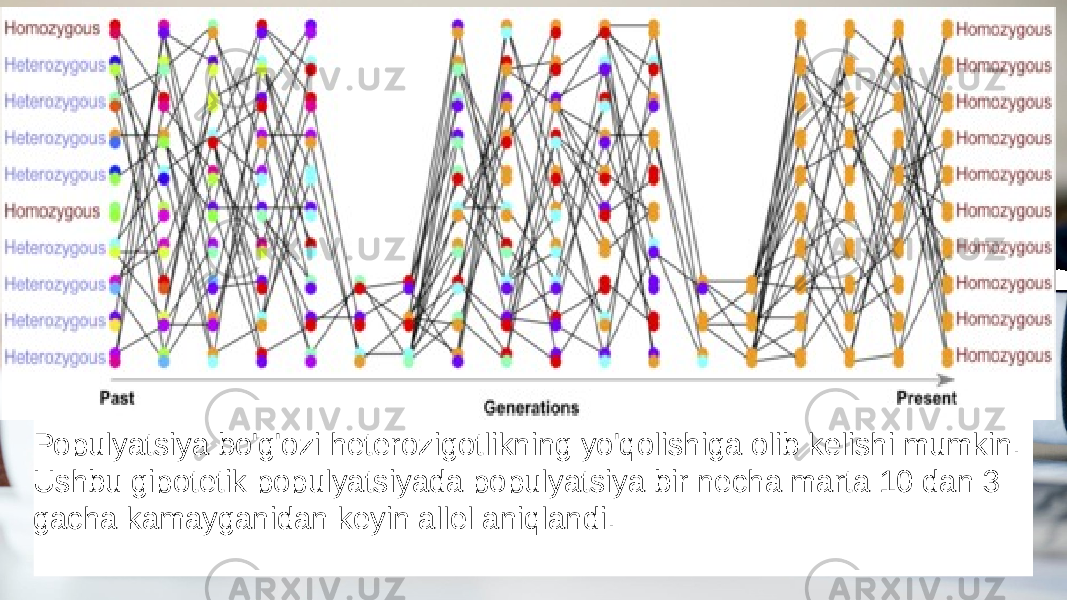 Populyatsiya bo&#39;g&#39;ozi heterozigotlikning yo&#39;qolishiga olib kelishi mumkin. Ushbu gipotetik populyatsiyada populyatsiya bir necha marta 10 dan 3 gacha kamayganidan keyin allel aniqlandi. 