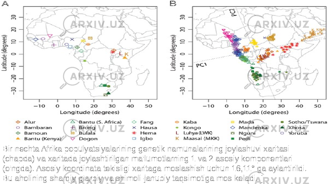 Bir nechta Afrika populyatsiyalarining genetik namunalarining joylashuvi xaritasi (chapda) va xaritada joylashtirilgan ma&#39;lumotlarning 1 va 2 asosiy komponentlari (o&#39;ngda). Asosiy koordinata tekisligi xaritaga moslashish uchun 16,11° ga aylantirildi. Bu aholining sharqiy-g&#39;arbiy va shimoli-janubiy taqsimotiga mos keladi. [ 