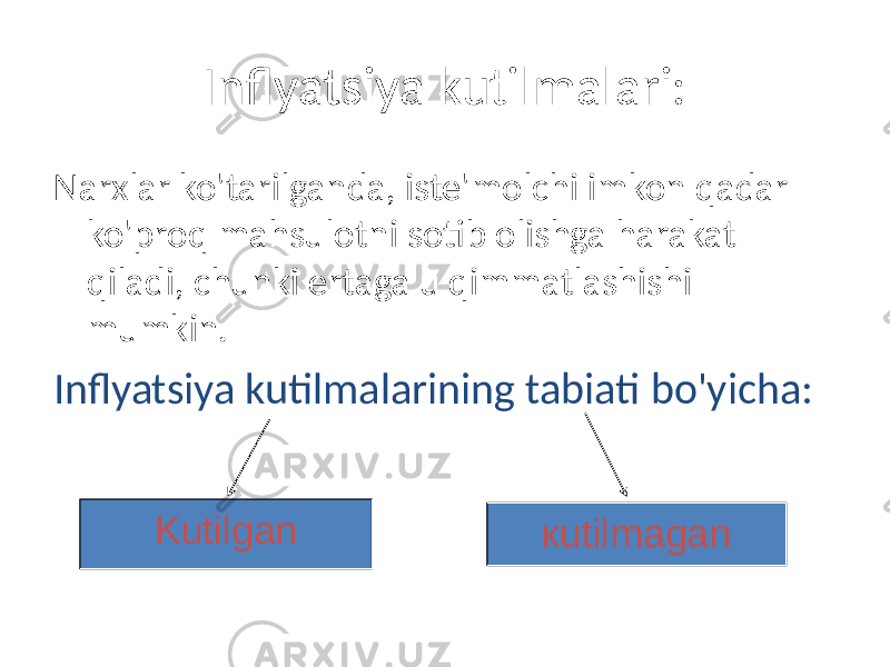 Inflyatsiya kutilmalari: Narxlar ko&#39;tarilganda, iste&#39;molchi imkon qadar ko&#39;proq mahsulotni sotib olishga harakat qiladi, chunki ertaga u qimmatlashishi mumkin. Inflyatsiya kutilmalarining tabiati bo&#39;yicha: Kutilgan кutilmagan 