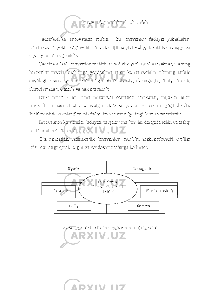 Innovatsion muhitni boshqarish Tadbirkorlikni innovatsion muhiti - bu innovatsion faoliyat yuksalishini ta’minlovchi yoki bo‘g‘uvchi bir qator ijtimoiyiqtisodiy, tashkiliy-huquqiy va siyosiy muhit majmuidir. Tadbirkorlikni innovatsion muhiti: bu xo‘jalik yurituvchi subyektlar, ularning harakatlantiruvchi kuchlariga yondoshma ta’sir ko‘rsatuvchilar ularning tarkibi quyidagi rasmda yaqqol ko‘rsatilgan yani: siyosiy, demografik, ilmiy- texnik, ijtimoiymadaniy, tabiiy va halqaro muhit. Ichki muhit - bu firma imkoniyat doirasida hamkorlar, mijozlar bilan maqsadli munosabat olib borayotgan aktiv subyektlar va kuchlar yig‘indisidir. Ichki muhitda kuchlar firmani o‘zi va imkoniyatlariga bog‘liq munosabatlardir. Innovatsion korxonalar faoliyati natijalari ma’lum bir darajada ichki va tashqi muhit omillari bilan aniqlanadi. O‘z navbatida, tadbirkorlik innovatsion muhitini shakllantiruvchi omillar ta’sir doirasiga qarab to‘g‘ri va yondoshma ta’sirga bo‘linadi. rasm. Tadbirkorlik innovatsion muhiti tarkibi Tadbirkorlik innovatsion mu h it tarkibi Siyosiy Demografik Ilmi y texnik Ijtimoiy - madaniy Tabiiy Xalqaro 