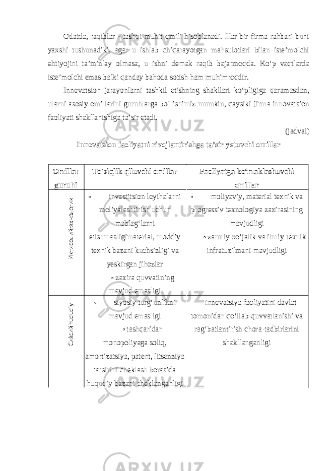 Odatda, raqiblar - tashqi muhit omili hisoblanadi. Har bir firma rahbari buni yaxshi tushunadiki, agar u ishlab chiqarayotgan mahsulotlari bilan iste’molchi ehtiyojini ta’minlay olmasa, u ishni demak raqib bajarmoqda. Ko‘p vaqtlarda iste’molchi emas balki qanday bahoda sotish ham muhimroqdir. Innovatsion jarayonlarni tashkil etishning shakllari ko‘pligiga qaramasdan, ularni asosiy omillarini guruhlarga bo‘lishimiz mumkin, qaysiki firma innovatsion faoliyati shakllanishiga ta’sir etadi. (jadval) Innovatsion faoliyatni rivojlantirishga ta’sir yetuvchi omillar Omillar guruhi To‘siqlik qiluvchi omillar Faoliyatga ko‘maklashuvchi omillar • investitsion loyihalarni moliyalashtirish uchun mablag‘larni etishmasligimaterial, moddiy texnik bazani kuchsizligi va yeskirgan jihozlar • zaxira quvvatining mavjud emasligi • moliyaviy, material texnik va progressiv texnologiya zaxirasining mavjudligi • zaruriy xo‘jalik va ilmiy-texnik infratuzilmani mavjudligi • siyosiy turg‘unlikni mavjud emasligi • tashqaridan monopoliyaga soliq, amortizatsiya, patent, litsenziya ta’sirini cheklash borasida huquqiy bazani cheklanganligi  innovatsiya faoliyatini davlat tomonidan qo‘llab-quvvatlanishi va rag‘batlantirish chora-tadbirlarini shakllanganligi Иқтисодий-технологик Сиѐсий-huquqiy 