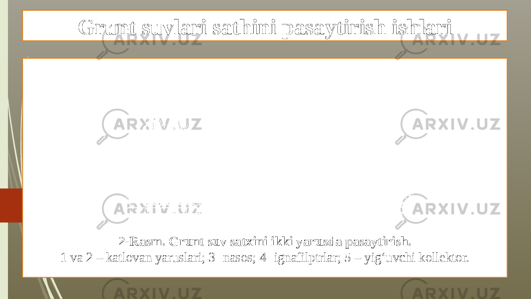 Grunt suvlari sathini pasaytirish ishlari 2-Rasm. Grunt suv satxini ikki yarusda pasaytirish. 1 va 2 – katlovan yaruslari; 3- nasos; 4- ignafilptrlar; 5 – yig‘uvchi kollektor. 