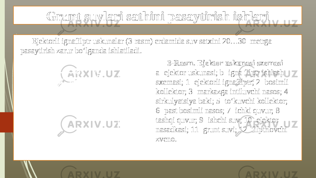 Grunt suvlari sathini pasaytirish ishlari Ejektorli ignafilptr uskunalar (3-rasm) erdamida suv satxini 20…30 metrga pasaytirish zarur bo‘lganda ishlatiladi. 3-Rasm. Ejektor uskunasi sxemasi a- ejektor uskunasi; b- igna filptr ishlash sxemasi; 1- ejektorli ignafilptr; 2- bosimli kollektor; 3- markazga intiluvchi nasos; 4- sirkulyatsiya baki; 5- to‘kuvchi kollektor; 6- past bosimli nasos; 7- ichki quvur; 8- tashqi quvur; 9- ishchi suv; 10- ejektor nasadkasi; 11- grunt suvi; 12- filptrlovchi zveno. 