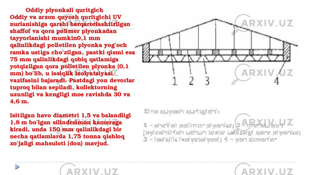  Oddiy plyonkali quritgich Oddiy va arzon quyosh quritgichi UV nurlanishiga qarshi barqarorlashtirilgan shaffof va qora polimer plyonkadan tayyorlanishi mumkin0,1 mm qalinlikdagi polietilen plyonka yog’och ramka ustiga cho’zilgan, pastki qismi esa 75 mm qalinlikdagi qobiq qatlamiga yotqizilgan qora polietilen plyonka (0,1 mm) bo’lib, u issiqlik izolyatsiyasi vazifasini bajaradi. Pastdagi yon devorlar tuproq bilan sepiladi, kollektorning uzunligi va kengligi mos ravishda 30 va 4,6 m. Isitilgan havo diametri 1,5 va balandligi 1,8 m bo’lgan silindrsimon kameraga kiradi, unda 150 mm qalinlikdagi bir necha qatlamlarda 1,75 tonna qishloq xo’jaligi mahsuloti (don) mavjud. Kino quyosh quritgichi: 1 – shaffof polimer plyonka; 2 – mahsulotni joylashtirish uchun taxta ustidagi qora plyonka; 3 – issiqlik izolyatsiyasi; 4 – yon devorlar 