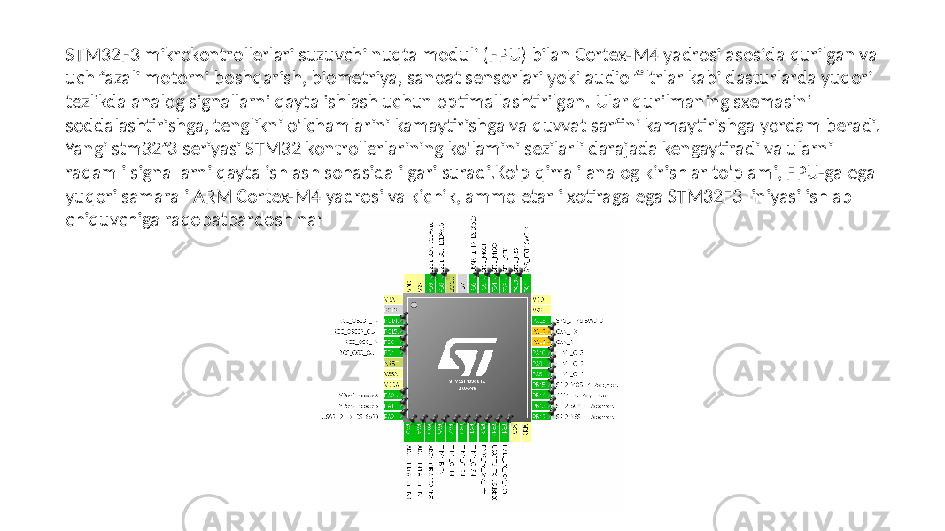 STM32F3 mikrokontrollerlari suzuvchi nuqta moduli (FPU) bilan Cortex-M4 yadrosi asosida qurilgan va uch fazali motorni boshqarish, biometriya, sanoat sensorlari yoki audio filtrlar kabi dasturlarda yuqori tezlikda analog signallarni qayta ishlash uchun optimallashtirilgan. Ular qurilmaning sxemasini soddalashtirishga, tenglikni o&#39;lchamlarini kamaytirishga va quvvat sarfini kamaytirishga yordam beradi. Yangi stm32f3 seriyasi STM32 kontrollerlarining ko&#39;lamini sezilarli darajada kengaytiradi va ularni raqamli signallarni qayta ishlash sohasida ilgari suradi.Ko&#39;p qirrali analog kirishlar to&#39;plami, FPU-ga ega yuqori samarali ARM Cortex-M4 yadrosi va kichik, ammo etarli xotiraga ega STM32F3 liniyasi ishlab chiquvchiga raqobatbardosh narxda mukammal vositani taqdim etadi. 