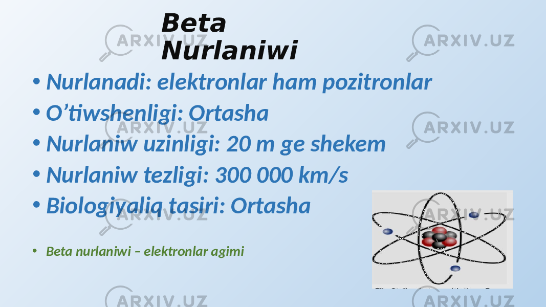 Beta Nurlaniwi • Nurlanadi: elektronlar ham pozitronlar • O’tiwshenligi: Ortasha • Nurlaniw uzinligi: 20 m ge shekem • Nurlaniw tezligi: 300 000 km/s • Biologiyaliq tasiri: Ortasha • Beta nurlaniwi – elektronlar agimi 