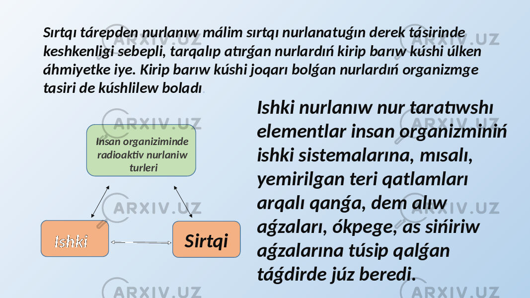 Insan organiziminde radioaktiv nurlaniw turleri Sirtqi IshkiSırtqı tárepden nurlanıw málim sırtqı nurlanatuǵın derek tásirinde keshkenligi sebepli, tarqalıp atırǵan nurlardıń kirip barıw kúshi úlken áhmiyetke iye. Kirip barıw kúshi joqarı bolǵan nurlardıń organizmge tasiri de kúshlilew boladı . Ishki nurlanıw nur taratıwshı elementlar insan organizminiń ishki sistemalarına, mısalı, yemirilgan teri qatlamları arqalı qanǵa, dem alıw aǵzaları, ókpegе, as sińiriw aǵzalarına túsip qalǵan táǵdirde júz beredi. 