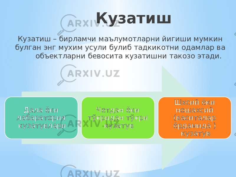 Кузатиш Кузатиш – бирламчи маълумотларни йигиши мумкин булган энг мухим усули булиб тадкикотни одамлар ва объектларни бевосита кузатишни такозо этади. Дала ёки лабаратория кузатувлари Четдан ёки тўғридан тўғри кузатув Шхсий ёки ношахсий (васиталар ёрдамида ) кузатув 