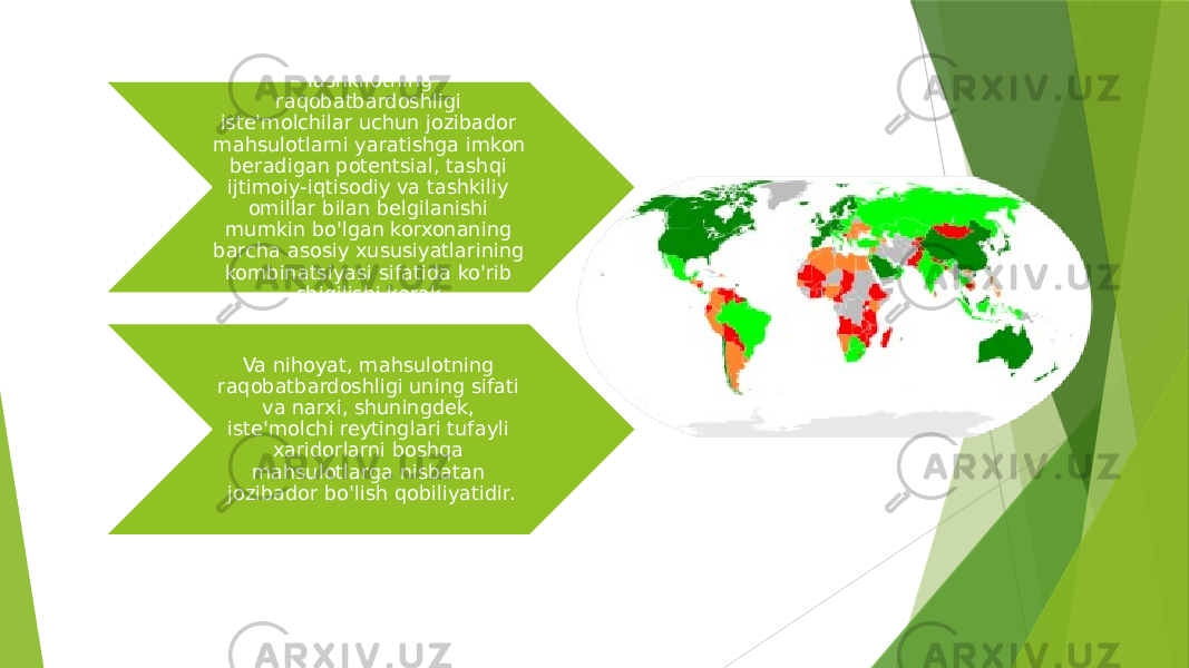 Tashkilotning raqobatbardoshligi iste&#39;molchilar uchun jozibador mahsulotlarni yaratishga imkon beradigan potentsial, tashqi ijtimoiy-iqtisodiy va tashkiliy omillar bilan belgilanishi mumkin bo&#39;lgan korxonaning barcha asosiy xususiyatlarining kombinatsiyasi sifatida ko&#39;rib chiqilishi kerak. Va nihoyat, mahsulotning raqobatbardoshligi uning sifati va narxi, shuningdek, iste&#39;molchi reytinglari tufayli xaridorlarni boshqa mahsulotlarga nisbatan jozibador bo&#39;lish qobiliyatidir. 