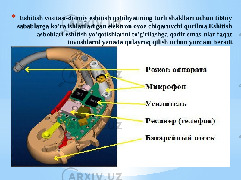 * Eshitish vositasi-doimiy eshitish qobiliyatining turli shakllari uchun tibbiy sabablarga ko&#39;ra ishlatiladigan elektron ovoz chiqaruvchi qurilma.Eshitish asboblari eshitish yo&#39;qotishlarini to&#39;g&#39;rilashga qodir emas-ular faqat tovushlarni yanada qulayroq qilish uchun yordam beradi. 