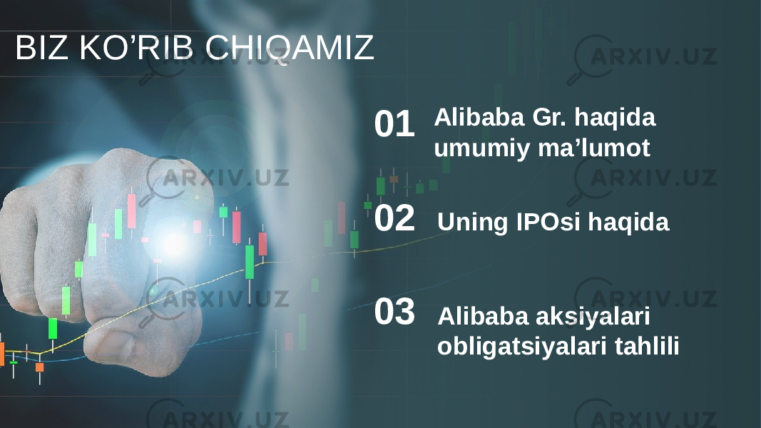 Alibaba Gr. haqida umumiy ma’lumot01 Uning IPOsi haqida02 Alibaba aksiyalari obligatsiyalari tahlili03BIZ KO’RIB CHIQAMIZ 