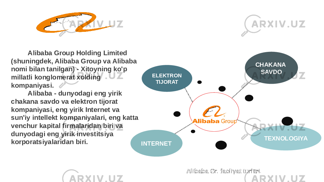 CHAKANA SAVDO TEXNOLOGIYAELEKTRON TIJORAT INTERNET ALIBABA Alibaba Group Holding Limited (shuningdek, Alibaba Group va Alibaba nomi bilan tanilgan) - Xitoyning ko&#39;p millatli konglomerat xolding kompaniyasi. Alibaba - dunyodagi eng yirik chakana savdo va elektron tijorat kompaniyasi, eng yirik Internet va sun&#39;iy intellekt kompaniyalari, eng katta venchur kapital firmalaridan biri va dunyodagi eng yirik investitsiya korporatsiyalaridan biri. Alibaba Gr. faoliyat turlari 