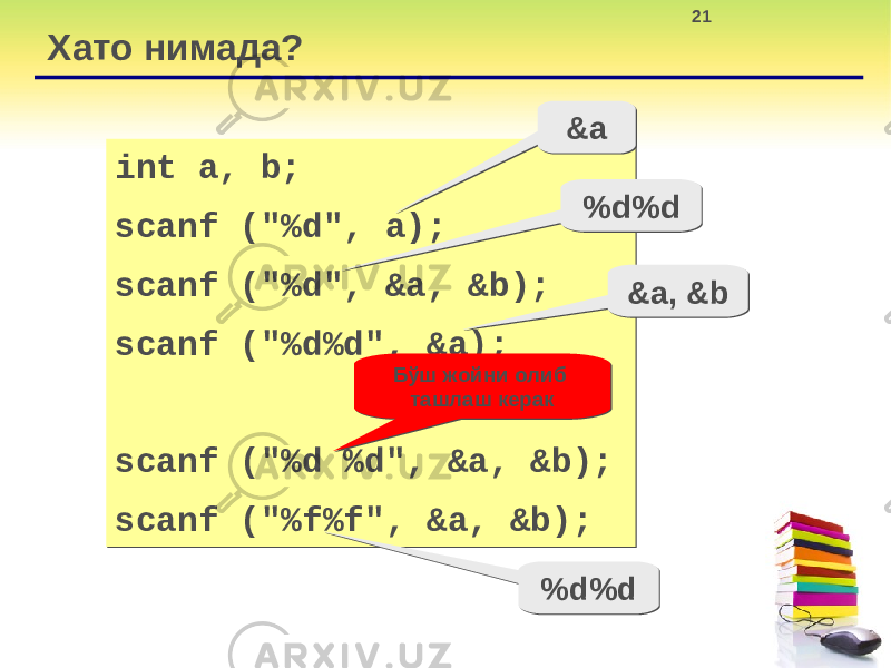 21 Хато нимада? int a, b; scanf (&#34;%d&#34;, a); scanf (&#34;%d&#34;, &a, &b); scanf (&#34;%d%d&#34;, &a); scanf (&#34;%d %d&#34;, &a, &b); scanf (&#34;%f%f&#34;, &a, &b);int a, b; scanf (&#34;%d&#34;, a); scanf (&#34;%d&#34;, &a, &b); scanf (&#34;%d%d&#34;, &a); scanf (&#34;%d %d&#34;, &a, &b); scanf (&#34;%f%f&#34;, &a, &b); &a&a %d%d%d%d &a, &b&a, &b Бўш жойни олиб ташлаш керакБўш жойни олиб ташлаш керак %d%d%d%d 