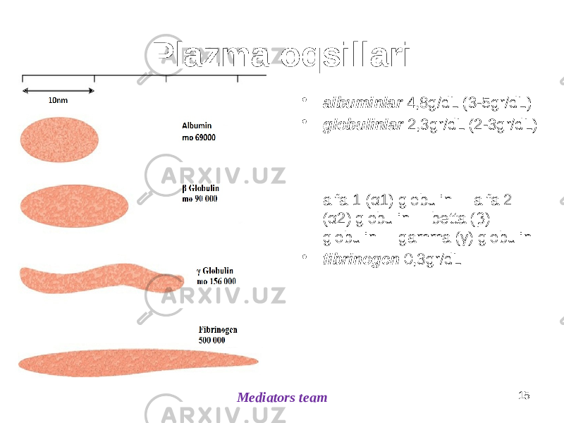 Plazma oqsillari • albuminlar 4,8g/dL (3-5gr/dL) • globulinlar 2,3gr/dL (2-3gr/dL) alfa 1 (α1) globulin alfa 2 (α2) globulin betta (β) globulin gamma (γ) globulin • fibrinogen 0,3gr/dL Mediators team 15 