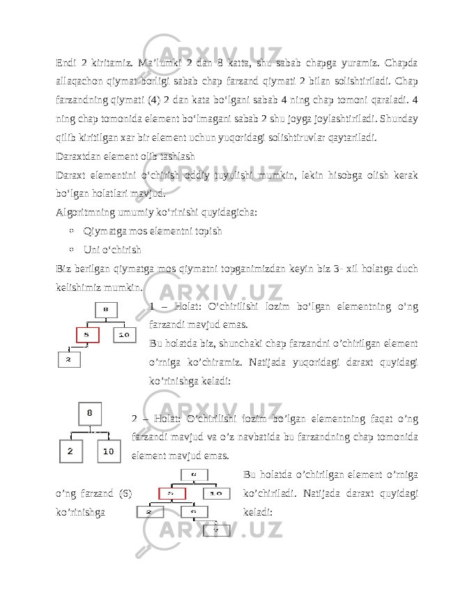 Endi 2 kiritamiz. Maʼlumki 2 dan 8 katta, shu sabab chapga yuramiz. Chapda allaqachon qiymat borligi sabab chap farzand qiymati 2 bilan solishtiriladi. Chap farzandning qiymati (4) 2 dan kata bo‘lgani sabab 4 ning chap tomoni qaraladi. 4 ning chap tomonida element bo‘lmagani sabab 2 shu joyga joylashtiriladi. Shunday qilib kiritilgan xar bir element uchun yuqoridagi solishtiruvlar qaytariladi. Daraxtdan element olib tashlash Daraxt elementini o‘chirish oddiy tuyulishi mumkin, lekin hisobga olish kerak bo‘lgan holatlari mavjud. Algoritmning umumiy ko‘rinishi quyidagicha:  Qiymatga mos elementni topish  Uni o‘chirish Biz berilgan qiymatga mos qiymatni topganimizdan keyin biz 3- xil holatga duch kelishimiz mumkin. 1 – Holat: O‘chirilishi lozim bo‘lgan elementning o‘ng farzandi mavjud emas.   Bu holatda biz,   shunchaki chap farzandni o’chirilgan element o’rniga ko’chiramiz. Natijada yuqoridagi daraxt quyidagi ko’rinishga keladi: 2 – Holat: O’chirilishi lozim bo’lgan elementning faqat o’ng farzandi mavjud va o’z navbatida bu farzandning chap tomonida element mavjud emas. Bu holatda o’chirilgan element o’rniga o’ng farzand (6) ko’chiriladi. Natijada daraxt quyidagi ko’rinishga keladi: 