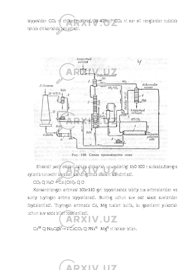 teppasidan СО 2 ni chikarib olinad, 35-40% li СО 2 ni xar xil ranglardan tudalab ishlab chikarishda ishlatiladi. Shaxtali pech oќakni ishlab chikarish unumdorligi 150-600 t sutkada.Sœngra aylanib turuvchi baraban sœndirgichda oќakni sœndiriladi. CO 2 Q H 2 O = Ca (OH) 2 Q O Konsentrlangan eritmasi 305ғ310 gғl tayyorlashda tabiiy tuz eritmalaridan va suniy tuyingan eritma tayyorlanadi. Buning uchun suv osti sezot suvlaridan foydalaniladi. Tuyingan eritmada Ca, Mg tuzlari bulib, bu geonlarni yukotish uchun suv soda bilan tozalaniladi. Ca Q2 Q Na 2 CO 3   CaCO 3 Q 2Na Q Mg Q ni ishkor bilan. 