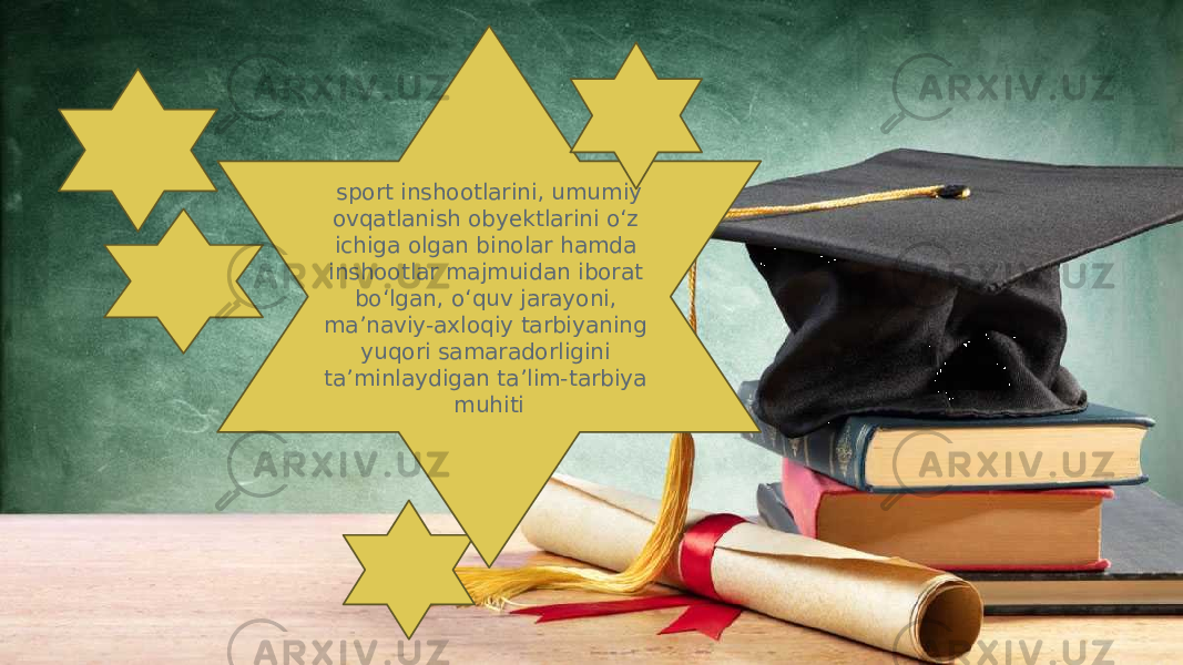     sport inshootlarini, umumiy ovqatlanish obyektlarini o‘z ichiga olgan binolar hamda inshootlar majmuidan iborat bo‘lgan, o‘quv jarayoni, ma’naviy-axloqiy tarbiyaning yuqori samaradorligini ta’minlaydigan ta’lim-tarbiya muhiti 