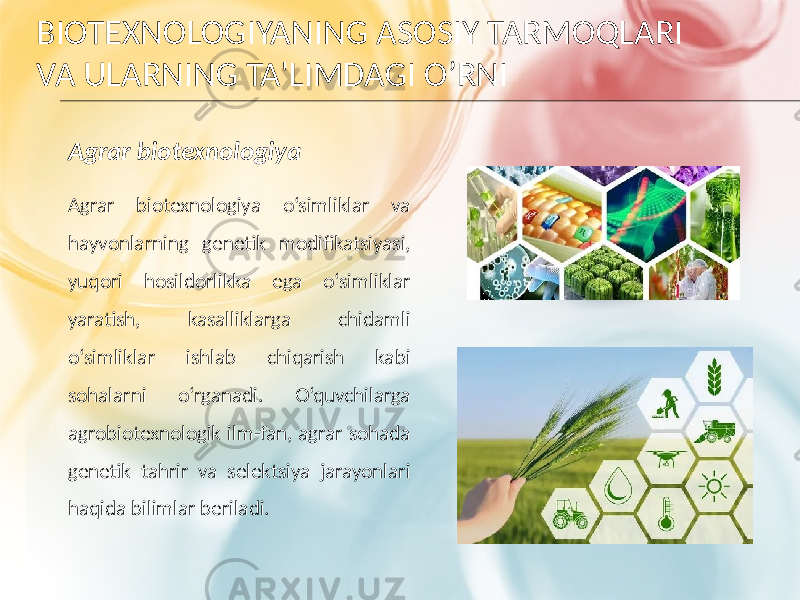 BIOTEXNOLOGIYANING ASOSIY TARMOQLARI VA ULARNING TA&#39;LIMDAGI O’RNI Agrar biotexnologiya Agrar biotexnologiya o‘simliklar va hayvonlarning genetik modifikatsiyasi, yuqori hosildorlikka ega o‘simliklar yaratish, kasalliklarga chidamli o‘simliklar ishlab chiqarish kabi sohalarni o‘rganadi. O‘quvchilarga agrobiotexnologik ilm-fan, agrar sohada genetik tahrir va selektsiya jarayonlari haqida bilimlar beriladi. 