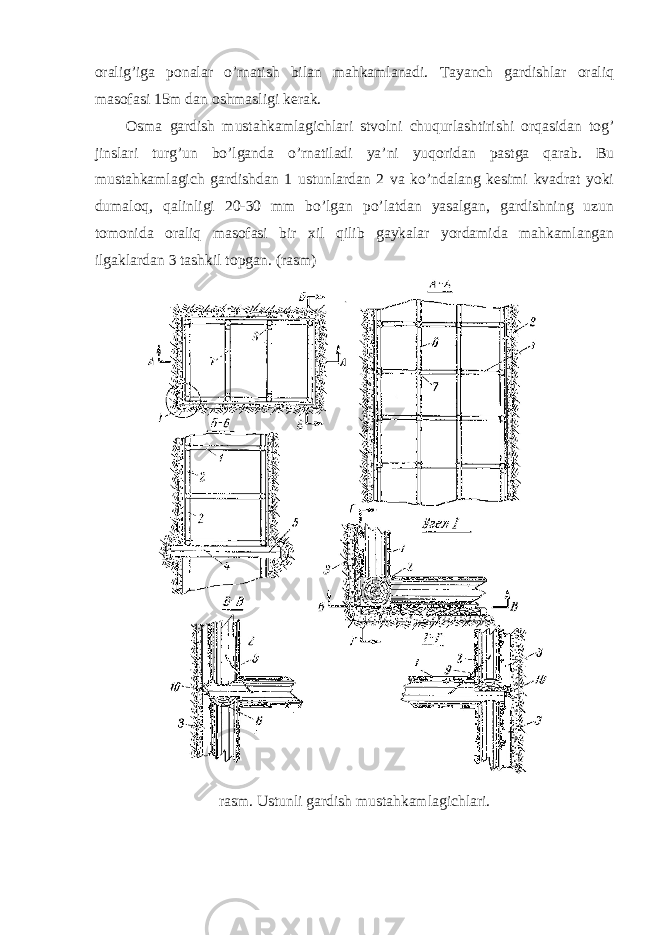 oralig’iga ponalar o’rnatish bilan mahkamlanadi. Tayanch gardishlar oraliq masofasi 15m dan oshmasligi kerak. Osma gardish mustahkamlagichlari stvolni chuqurlashtirishi orqasidan tog’ jinslari turg’un bo’lganda o’rnatiladi ya’ni yuqoridan pastga qarab. Bu mustahkamlagich gardishdan 1 ustunlardan 2 va ko’ndalang kesimi kvadrat yoki dumaloq, qalinligi 20-30 mm bo’lgan po’latdan yasalgan, gardishning uzun tomonida oraliq masofasi bir xil qilib gaykalar yordamida mahkamlangan ilgaklardan 3 tashkil topgan. (rasm) rasm. Ustunli gardish mustahkamlagichlari. 