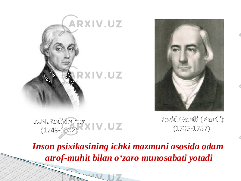 Devid Gartli (Xartli) (1705-1757) A.N.Radishchev (1749-1802) Inson psixikasining ichki mazmuni asosida odam atrof-muhit bilan o‘zaro munosabati yotadi 