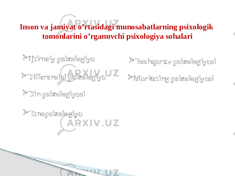 Inson va jamiyat o’rtasidagi munosabatlarning psixologik tomonlarini o’rganuvchi psixologiya sohalari  Ijtimoiy psixologiya  Differensial psixologiya  Din psixologiyasi  Etnopsixologiya  Boshqaruv psixologiyasi  Marketing psixologiyasi 