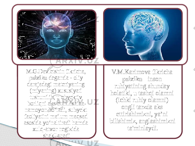 M.G.Davletshin fikricha, psixika deganda - oliy darajadagi materiyaning (miyaning) xususiyati tushunilib, u obyektiv borliqni aks ettirilishida namoyon bo‘ladi, subyekt faoliyatini ma&#39;lum maqsad asosida yo‘naltiradi hamda xulq-atvor negizida shakllanadi V.M.Karimova fikricha psixika - inson ruhiyatining shunday holatiki, u tashqi olamni (ichki ruhiy olamni) ongli tarzda aks ettirishimizni, ya’ni bilishimiz, anglashimizni ta&#39;minlaydi. 