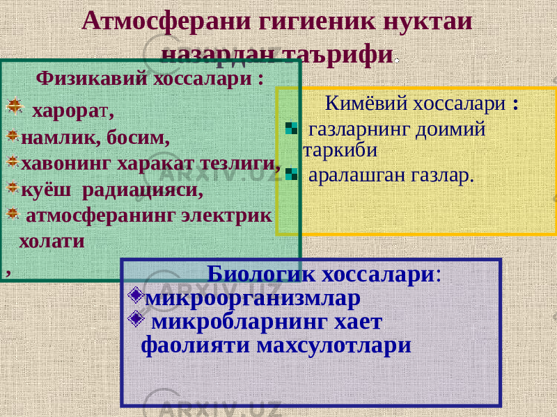 Атмосферани гигиеник нуктаи назардан таърифи . Кимёвий хоссалари : газларнинг доимий таркиби аралашган газлар.Физикавий хоссалари : харора т , намлик, босим, хавонинг харакат тезлиги, куёш радиацияси, атмосферанинг электрик холати , Биологик хоссалари : микроорганизмлар микробларнинг хает фаолияти махсулотлари 