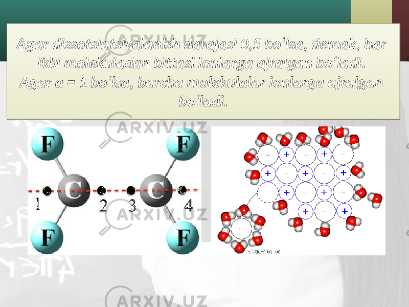Agar dissotsiatsiyalanish darajasi 0,5 bo‘lsa, demak, har ikki molekuladan bittasi ionlarga ajralgan bo‘ladi. Agar a = 1 bo‘lsa, barcha molekulalar ionlarga ajralgan bo‘ladi.22 060A0A 22 19 