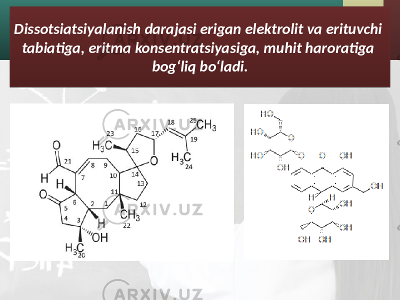 Dissotsiatsiyalanish darajasi erigan elektrolit va erituvchi tabiatiga, eritma konsentratsiyasiga, muhit haroratiga bog‘liq bo‘ladi. 11 0E 19 