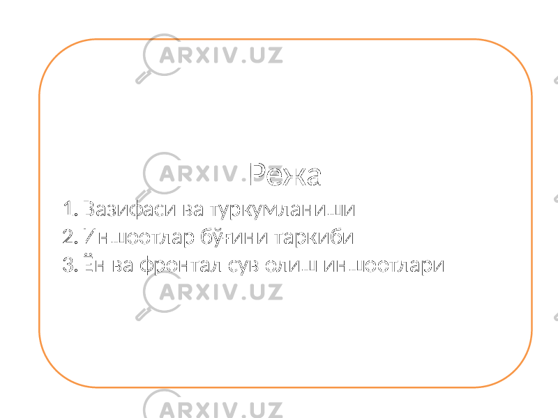 Режа 1. Вазифаси ва туркумланиши 2. Иншоотлар бўғини таркиби 3. Ён ва фронтал сув олиш иншоотлари 