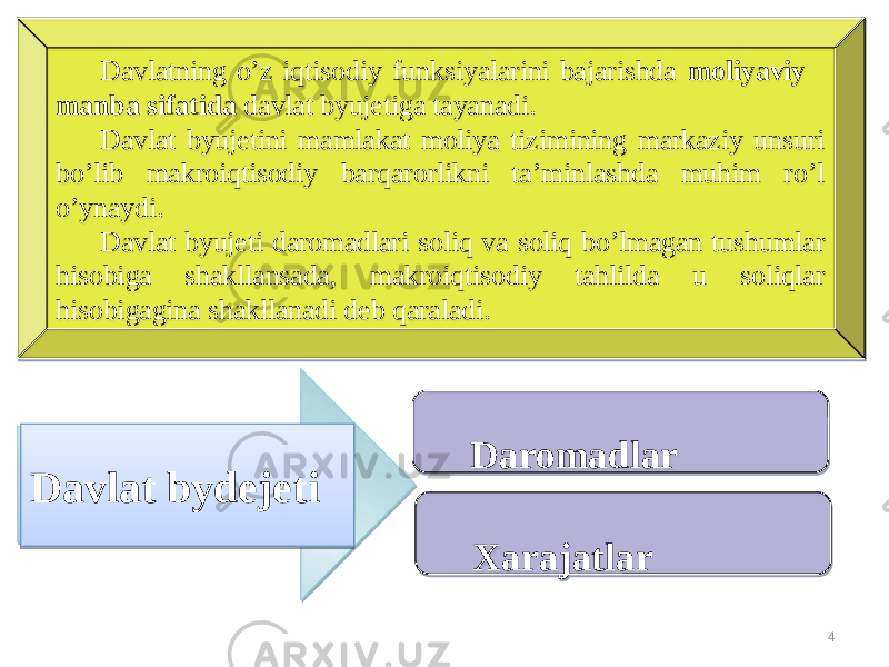 Davlatning o’z iqtisodiy funksiyalarini bajarishda moliyaviy manba sifatida davlat byujetiga tayanadi. Davlat byujetini mamlakat moliya tizimining markaziy unsuri bo’lib makroiqtisodiy barqarorlikni ta’minlashda muhim ro’l o’ynaydi. Davlat byujeti daromadlari soliq va soliq bo’lmagan tushumlar hisobiga shakllansada, makroiqtisodiy tahlilda u soliqlar hisobigagina shakllanadi deb qaraladi. Davlat bydejeti Daromadlar Хаrajatlar 408 15 07 15 07 1B 07 08 182129 2129 08 221D26 221D26 08090A0B090C 0809 1D1E 
