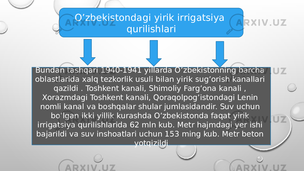 O’zbekistondagi yirik irrigatsiya qurilishlari Bundan tashqari 1940-1941 yillarda O’zbekistonning barcha oblastlarida xalq tezkorlik usuli bilan yirik sug’orish kanallari qazildi . Toshkent kanali, Shimoliy Farg’ona kanali , Xorazmdagi Toshkent kanali, Qoraqolpog’istondagi Lenin nomli kanal va boshqalar shular jumlasidandir. Suv uchun bo’lgan ikki yillik kurashda O’zbekistonda faqat yirik irrigatsiya qurilishlarida 62 mln kub. Metr hajmdagi yer ishi bajarildi va suv inshoatlari uchun 153 ming kub. Metr beton yotqizildi 