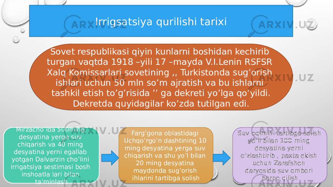 Irrigsatsiya qurilishi tarixi Sovet respublikasi qiyin kunlarni boshidan kechirib turgan vaqtda 1918 –yili 17 –mayda V.I.Lenin RSFSR Xalq Komissarlari sovetining ,, Turkistonda sug’orish ishlari uchun 50 mln so’m ajratish va bu ishlarni tashkil etish to’g’risida ’’ ga dekreti yo’lga qo’yildi. Dekretda quyidagilar ko’zda tutilgan edi. Mirzacho’lda 500ming desyatina yerga suv chiqarish va 40 ming desyatina yerni egallab yotgan Dalvarzin cho’lini irrigatsiya sestimasi bosh inshoatla lari bilan ta’minlash Farg’gona oblastidagi Uchqo’rgo’n dashtining 10 ming desyatina yerga suv chiqarish va shu yo’l bilan 20 ming desyatina maydonda sug’orish ihlarini tartibga solish Suv oqimini tartibga solish yo’li bilan 100 ming desyatina yerni o’zlashtirib , paxta ekish uchun Zarafshon daryosida suv ombori barpo qilish2C 0A 35 3D261923 3A 35 19 