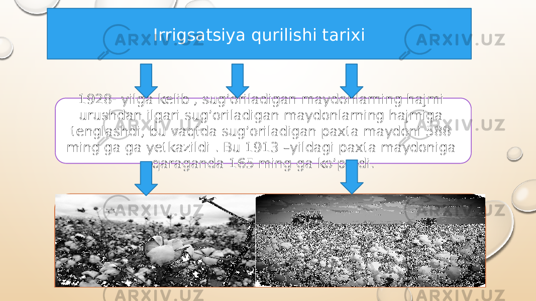 Irrigsatsiya qurilishi tarixi 1928- yilga kelib , sug’oriladigan maydonlarning hajmi urushdan ilgari sug’oriladigan maydonlarning hajmiga tenglashdi, bu vaqtda sug’oriladigan paxta maydoni 588 ming ga ga yetkazildi . Bu 1913 –yildagi paxta maydoniga qaraganda 165 ming ga ko’p edi. 