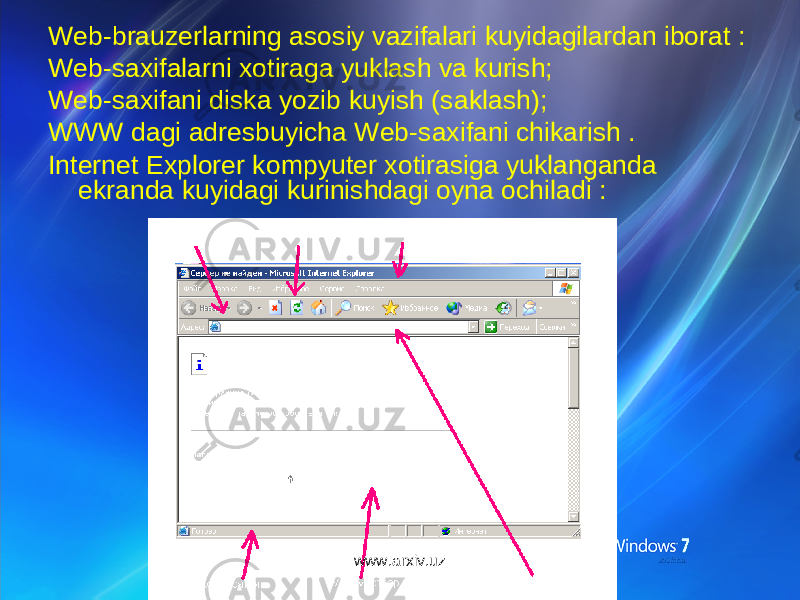 Web-brauzerlarning asosiy vazifalari kuyidagilardan iborat : Web-saxifalarni xotiraga yuklash va kurish; Web-saxifani diska yozib kuyish (saklash); WWW dagi adresbuyicha Web-saxifani chikarish . Internet Explorer kompyuter xotirasiga yuklanganda ekranda kuyidagi kurinishdagi oyna ochiladi : www.arxiv.uz 