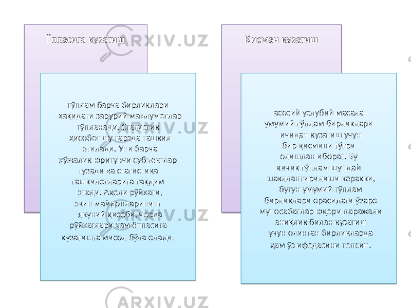 Ёппасига кузатиш Қисман кузатиш тўплам барча бирликлари ҳақидаги зарурий маълумотлар тўпланади. Статистик ҳисобот шу тарзда ташкил этилади. Уни барча хўжалик юритувчи субъектлар тузади ва статистика ташкилотларига тақдим этади. Аҳоли рўйхати, экин майдонларининг якуний ҳисоби, чорва рўйхатлари ҳам ёппасига кузатишга мисол бўла олади . асосий услубий масала умумий тўплам бирликлари ичидан кузатиш учун бир қисмини тўғри олишдан иборат. Бу кичик тўплам шундай шакллантирилиши керакки, бутун умумий тўплам бирликлари орасидаги ўзаро муносабатлар юқори даражали аниқлик билан кузатиш учун олинган бирликларда ҳам ўз ифодасини топсин .01 0D 02 01 0D 02 01 0D 01 1B 1D 02 0206 01 1B 1B 01 240C 09 0C 17 06 12 01 0B 08 15 0C 01 1A 01 08 01 08 01 07 01 06 01 12 01 0D 17 