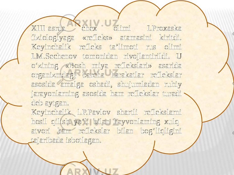 XIII-asrda chex olimi I.Proxaska fiziologiyaga «refleks» atamasini kiritdi. Keyinchalik refleks ta’limoti rus olimi I.M.Sechenov tomonidan rivojlantirildi. U o‘zining «Bosh miya reflekslari» asarida organizmdagi barcha harakatlar reflekslar asosida amalga oshadi, shujumladan ruhiy jarayonlarning asosida ham reflekslar turadi deb aytgan. Keyinchalik l.P.Pavlov shartli reflekslarni hosil qilish yo‘li bilan hayvonlaming xulq- atvori ham reflekslar bilan bog‘liqligini tajaribada isbotlagan. 