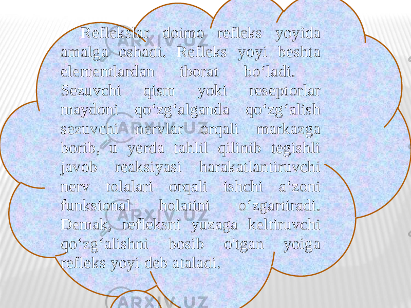 Reflekslar doimo refleks yoyida amalga oshadi. Refleks yoyi beshta elementlardan iborat bo‘ladi. Sezuvchi qism yoki reseptorlar maydoni qo‘zg‘alganda qo‘zg‘alish sezuvchi nervlar orqali markazga borib, u yerda tahlil qilinib tegishli javob reaksiyasi harakatlantiruvchi nerv tolalari orqali ishchi a‘zoni funksional holatini o‘zgartiradi. Demak, refleksni yuzaga keltiruvchi qo‘zg‘alishni bosib o&#39;tgan yoiga refleks yoyi deb ataladi. 