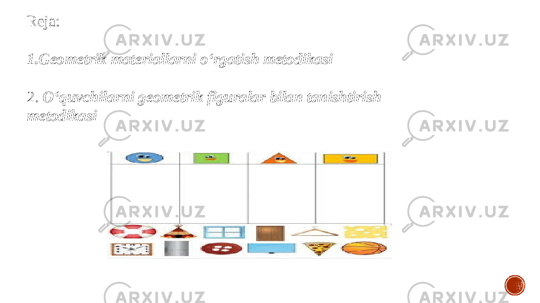 Reja: 1. Geometrik materiallarni o‘rgatish metodikasi 2. O‘quvchilarni geometrik figuralar bilan tanishtirish metodikasi 