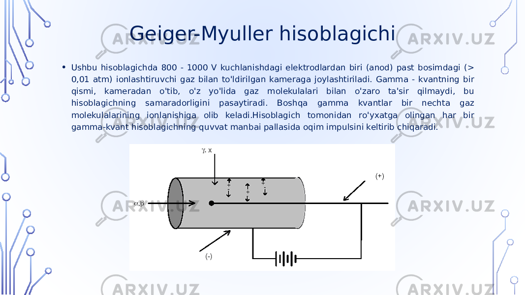  Geiger-Myuller hisoblagichi • Ushbu hisoblagichda 800 - 1000 V kuchlanishdagi elektrodlardan biri (anod) past bosimdagi (> 0,01 atm) ionlashtiruvchi gaz bilan to&#39;ldirilgan kameraga joylashtiriladi. Gamma - kvantning bir qismi, kameradan o&#39;tib, o&#39;z yo&#39;lida gaz molekulalari bilan o&#39;zaro ta&#39;sir qilmaydi, bu hisoblagichning samaradorligini pasaytiradi. Boshqa gamma kvantlar bir nechta gaz molekulalarining ionlanishiga olib keladi.Hisoblagich tomonidan ro&#39;yxatga olingan har bir gamma-kvant hisoblagichning quvvat manbai pallasida oqim impulsini keltirib chiqaradi. 