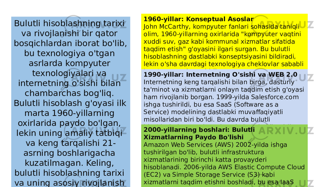 Bulutli hisoblashning tarixi va rivojlanishi bir qator bosqichlardan iborat bo&#39;lib, bu texnologiya o&#39;tgan asrlarda kompyuter texnologiyalari va internetning o&#39;sishi bilan chambarchas bog&#39;liq. Bulutli hisoblash g&#39;oyasi ilk marta 1960-yillarning oxirlarida paydo bo&#39;lgan, lekin uning amaliy tatbiqi va keng tarqalishi 21- asrning boshlarigacha kuzatilmagan. Keling, bulutli hisoblashning tarixi va uning asosiy rivojlanish bosqichlarini ko&#39;rib chiqamiz: 1960-yillar: Konseptual Asoslar John McCarthy, kompyuter fanlari sohasida taniqli olim, 1960-yillarning oxirlarida &#34;kompyuter vaqtini xuddi suv, gaz kabi kommunal xizmatlar sifatida taqdim etish&#34; g&#39;oyasini ilgari surgan. Bu bulutli hisoblashning dastlabki konseptsiyasini bildiradi, lekin o&#39;sha davrdagi texnologiya cheklovlar sababli bu g&#39;oya amalga oshirilmagan. 1990-yillar: Internetning O&#39;sishi va WEB 2.0 Internetning keng tarqalishi bilan birga, dasturiy ta&#39;minot va xizmatlarni onlayn taqdim etish g&#39;oyasi ham rivojlanib borgan. 1999-yilda Salesforce.com ishga tushirildi, bu esa SaaS (Software as a Service) modelining dastlabki muvaffaqiyatli misollaridan biri bo&#39;ldi. Bu davrda bulutli hisoblashning asosiy tushunchalari shakllantirila boshlandi.2000-yillarning boshlari: Bulutli Xizmatlarning Paydo Bo&#39;lishi Amazon Web Services (AWS) 2002-yilda ishga tushirilgan bo&#39;lib, bulutli infrastruktura xizmatlarining birinchi katta provayderi hisoblanadi. 2006-yilda AWS Elastic Compute Cloud (EC2) va Simple Storage Service (S3) kabi xizmatlarni taqdim etishni boshladi, bu esa IaaS (Infrastructure as a Service) modelining amaliy qo&#39;llanilishini belgilab berdi. 