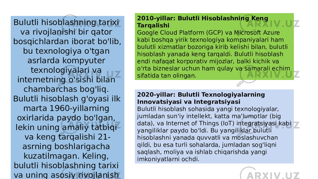 Bulutli hisoblashning tarixi va rivojlanishi bir qator bosqichlardan iborat bo&#39;lib, bu texnologiya o&#39;tgan asrlarda kompyuter texnologiyalari va internetning o&#39;sishi bilan chambarchas bog&#39;liq. Bulutli hisoblash g&#39;oyasi ilk marta 1960-yillarning oxirlarida paydo bo&#39;lgan, lekin uning amaliy tatbiqi va keng tarqalishi 21- asrning boshlarigacha kuzatilmagan. Keling, bulutli hisoblashning tarixi va uning asosiy rivojlanish bosqichlarini ko&#39;rib chiqamiz: 2010-yillar: Bulutli Hisoblashning Keng Tarqalishi Google Cloud Platform (GCP) va Microsoft Azure kabi boshqa yirik texnologiya kompaniyalari ham bulutli xizmatlar bozoriga kirib kelishi bilan, bulutli hisoblash yanada keng tarqaldi. Bulutli hisoblash endi nafaqat korporativ mijozlar, balki kichik va o&#39;rta bizneslar uchun ham qulay va samarali echim sifatida tan olingan. 2020-yillar: Bulutli Texnologiyalarning Innovatsiyasi va Integratsiyasi Bulutli hisoblash sohasida yangi texnologiyalar, jumladan sun&#39;iy intellekt, katta ma&#39;lumotlar (big data), va Internet of Things (IoT) integratsiyasi kabi yangiliklar paydo bo&#39;ldi. Bu yangiliklar bulutli hisoblashni yanada quvvatli va moslashuvchan qildi, bu esa turli sohalarda, jumladan sog&#39;liqni saqlash, moliya va ishlab chiqarishda yangi imkoniyatlarni ochdi. 